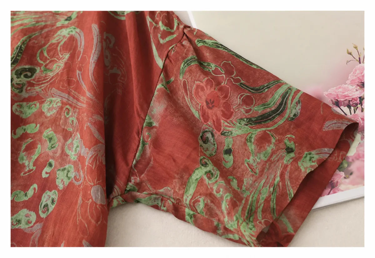 Floral Print Cotton Linen Half Sleeve Tunic - detail view