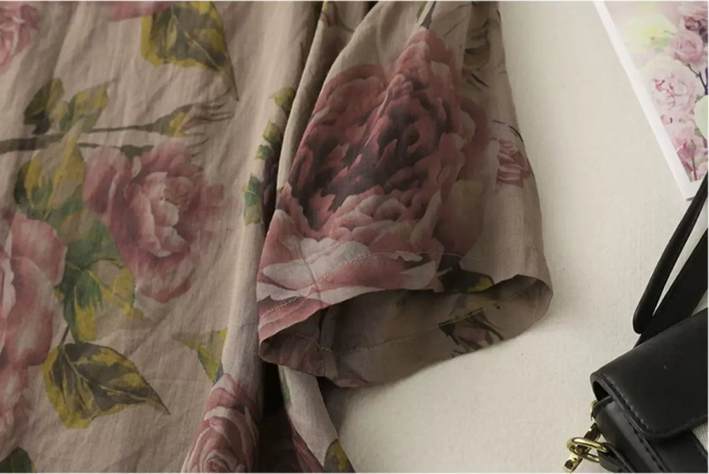 Floral Print Cotton Linen Half Sleeve Tunic - detail view