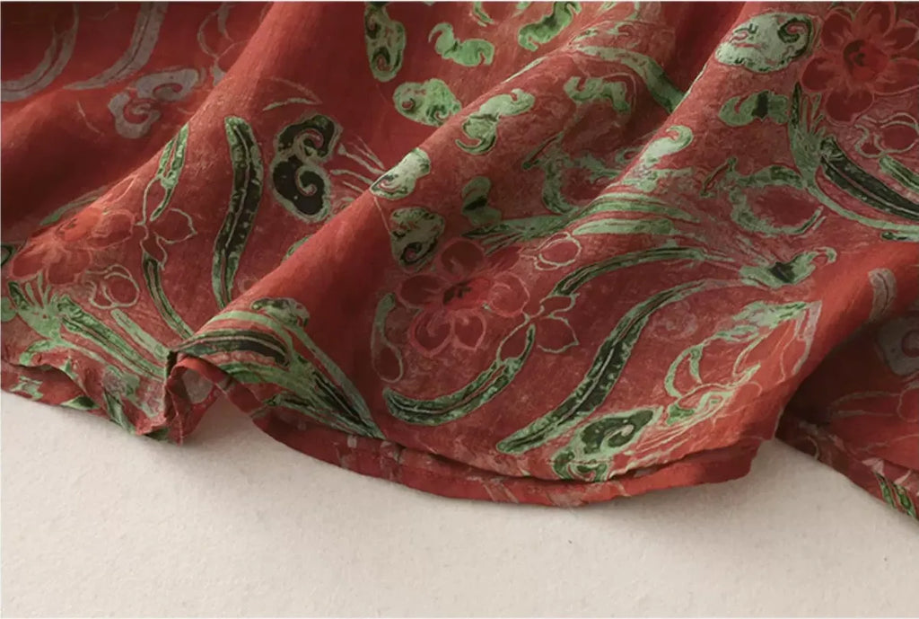 Floral Print Cotton Linen Half Sleeve Tunic - detail view