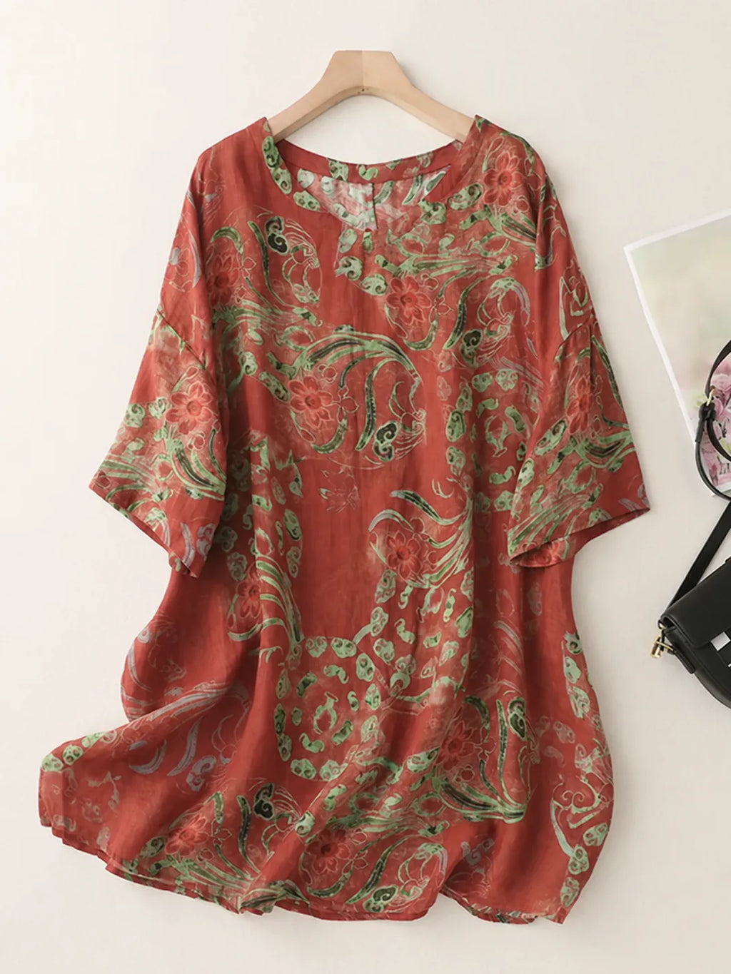 Floral Print Cotton Linen Half Sleeve Tunic - main product image