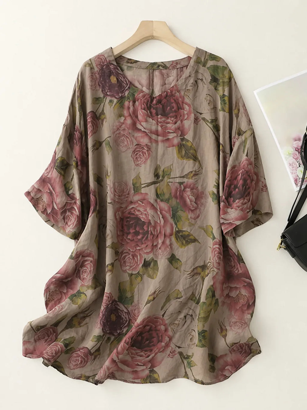 Floral Print Cotton Linen Half Sleeve Tunic - product view view