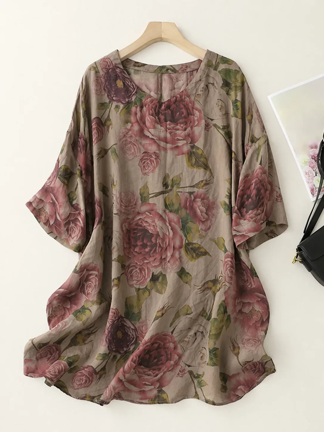 Floral Print Cotton Linen Half Sleeve Tunic - product view view