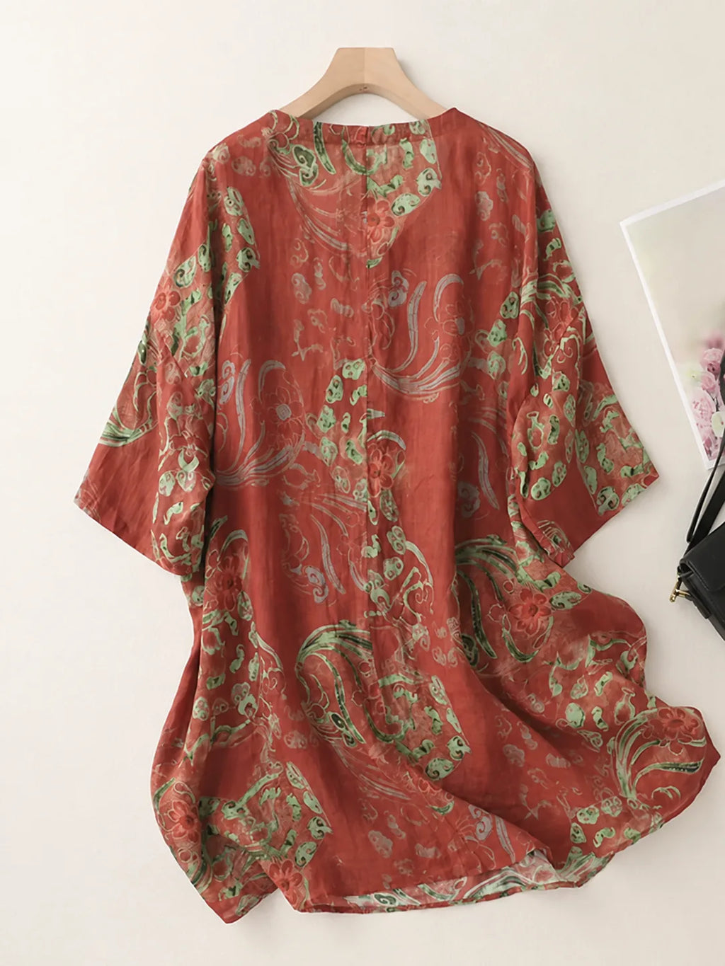 Floral Print Cotton Linen Half Sleeve Tunic - product view view