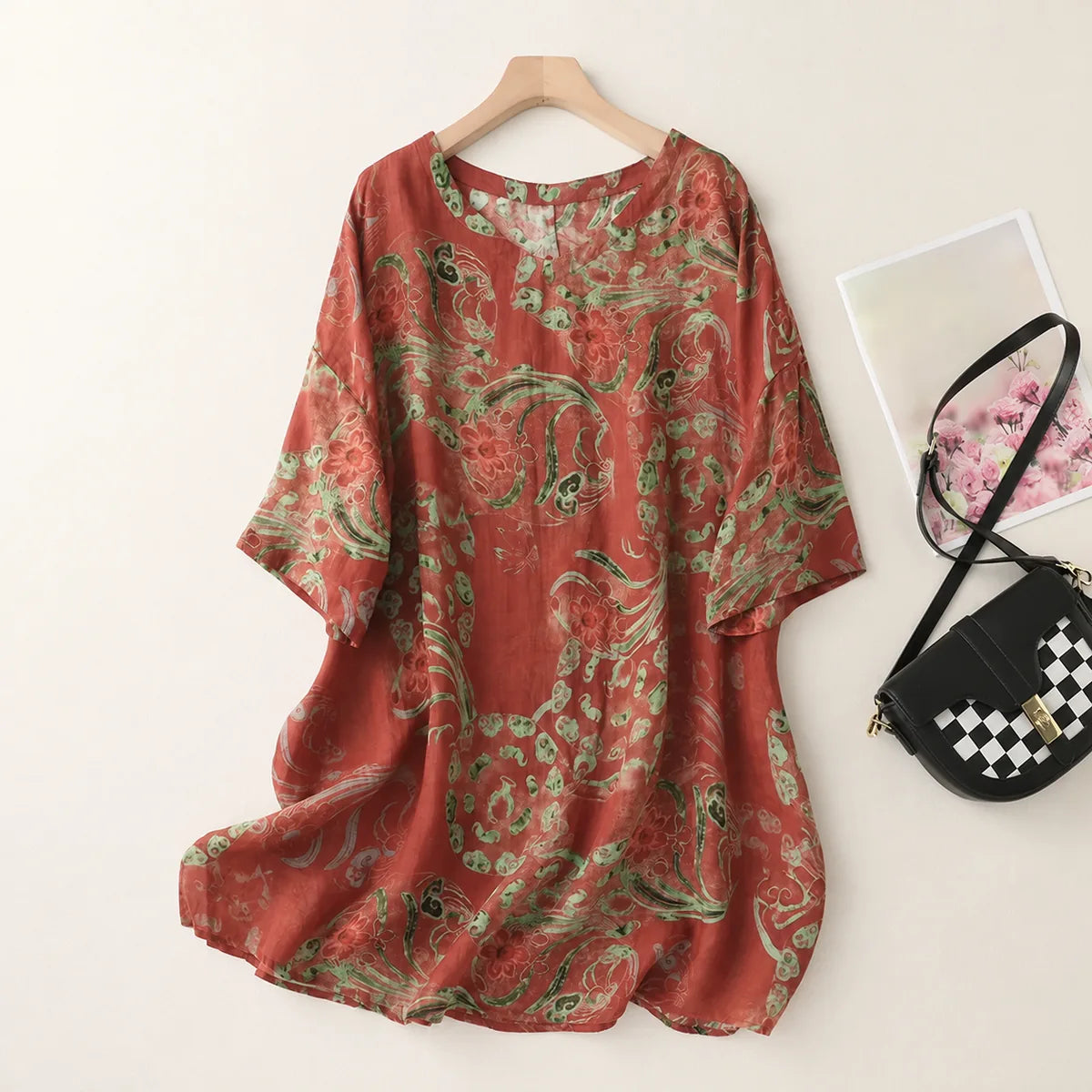 Floral Print Cotton Linen Half Sleeve Tunic - product view view