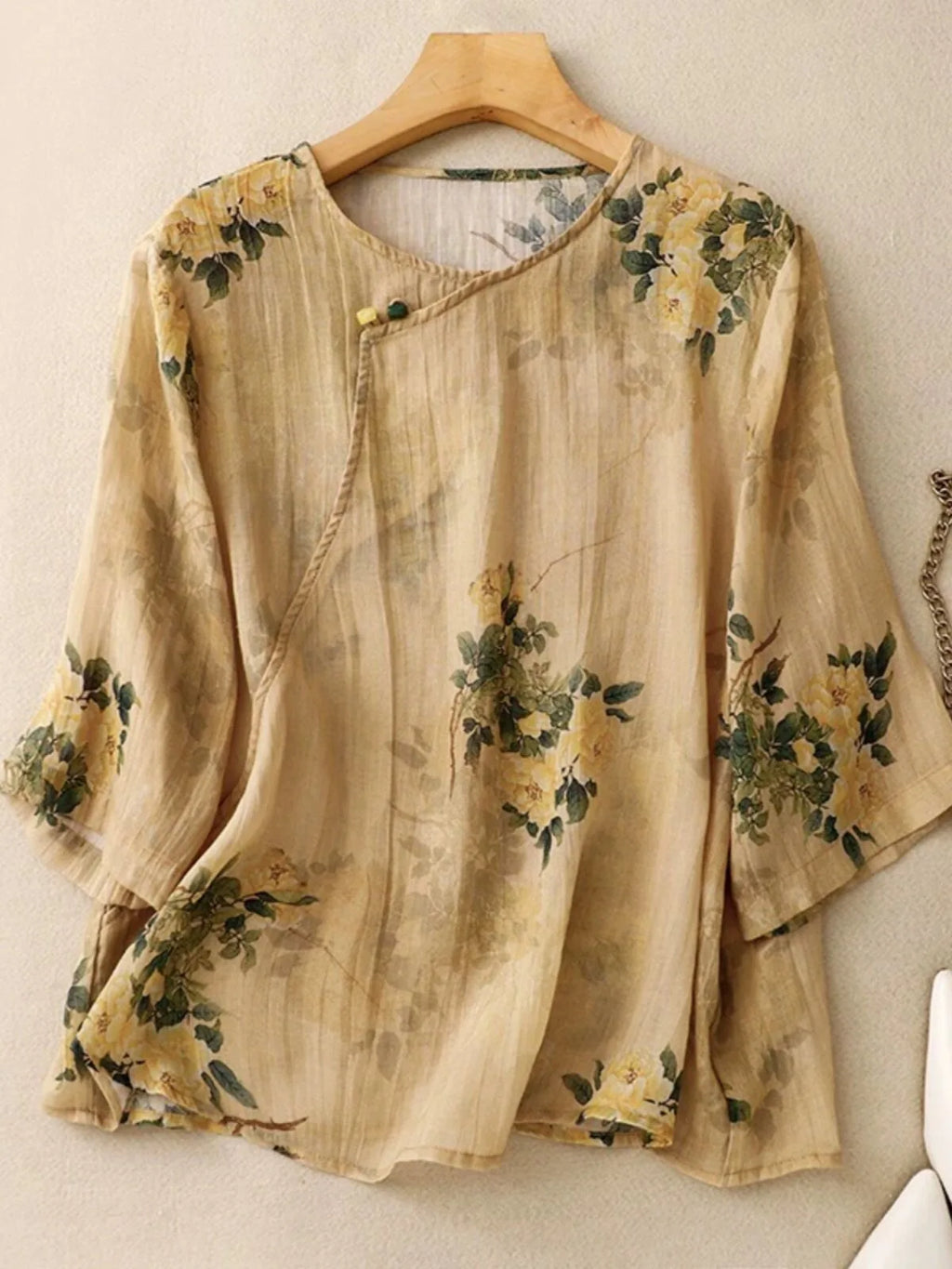 Floral Print Cotton Linen Three Quarter Sleeve Shirt - main product image - unknown