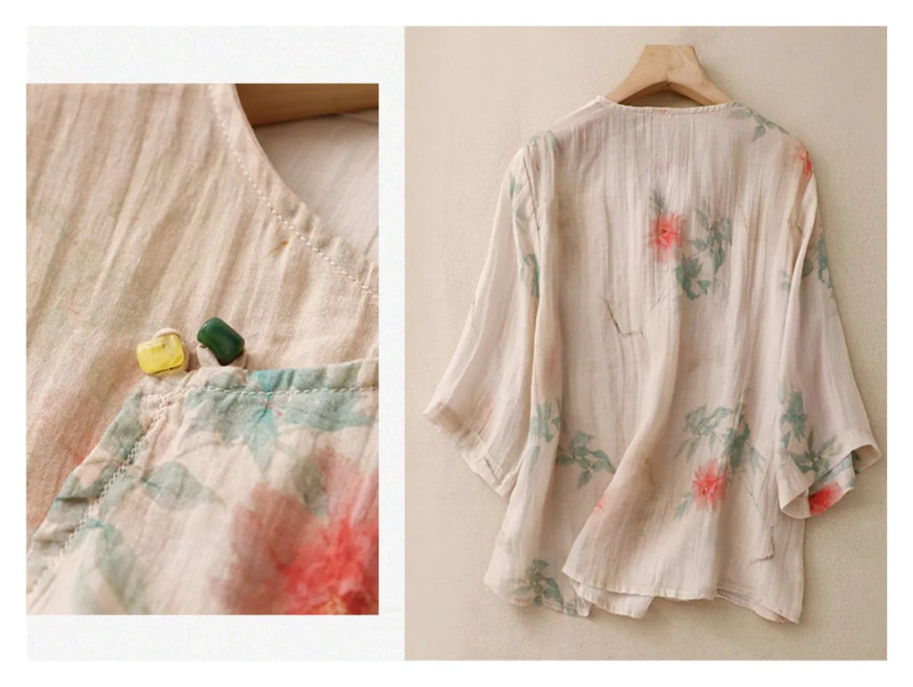 Floral Print Cotton Linen Three Quarter Sleeve Shirt - product image 6 - unknown
