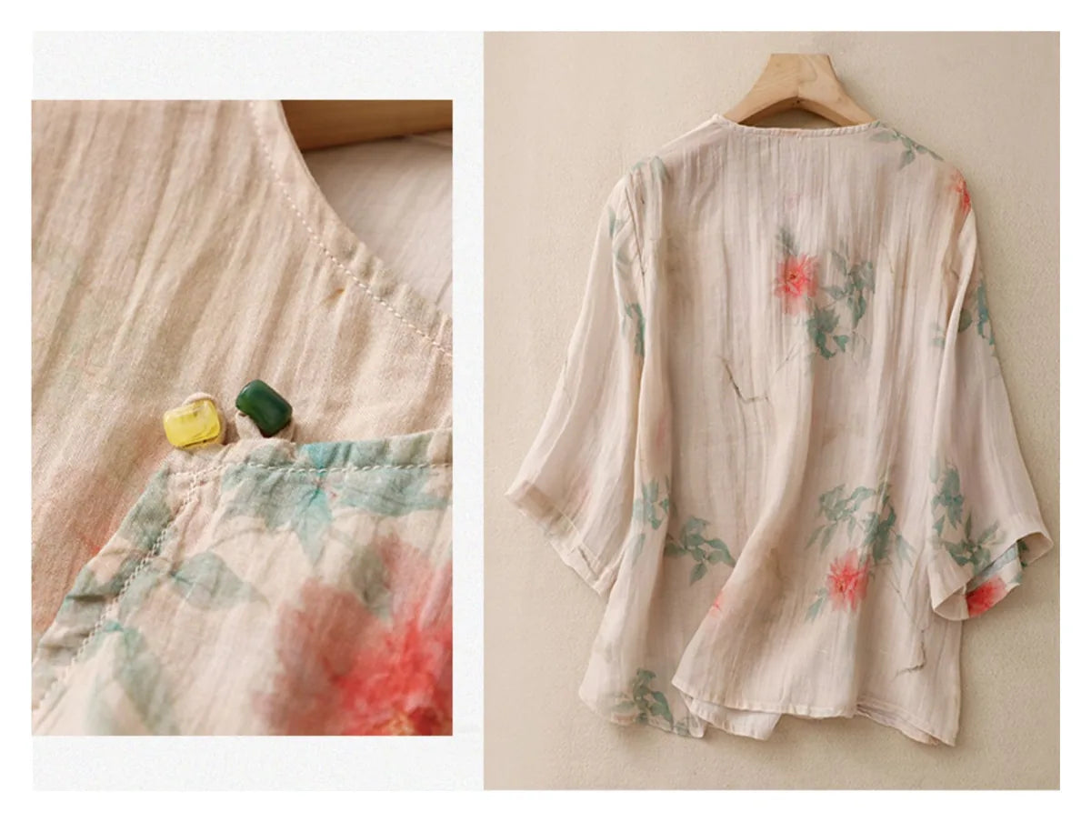 Floral Print Cotton Linen Three Quarter Sleeve Shirt - product image 6 - unknown