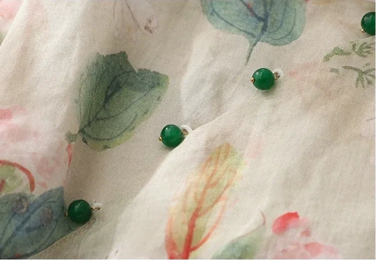 Floral Print Cotton Linen Three Quarter Sleeve Shirt - detail view
