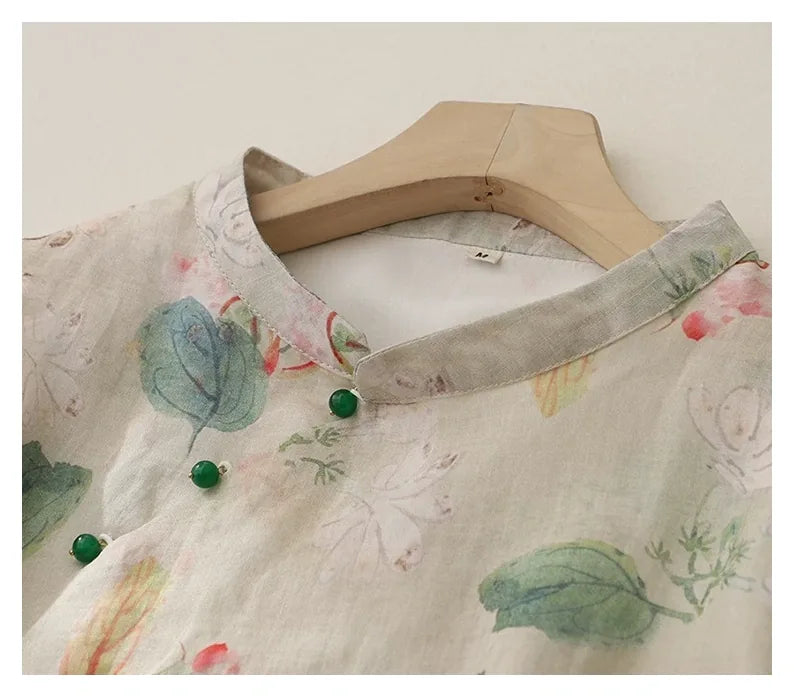 Floral Print Cotton Linen Three Quarter Sleeve Shirt - detail view