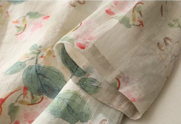 Floral Print Cotton Linen Three Quarter Sleeve Shirt - detail view