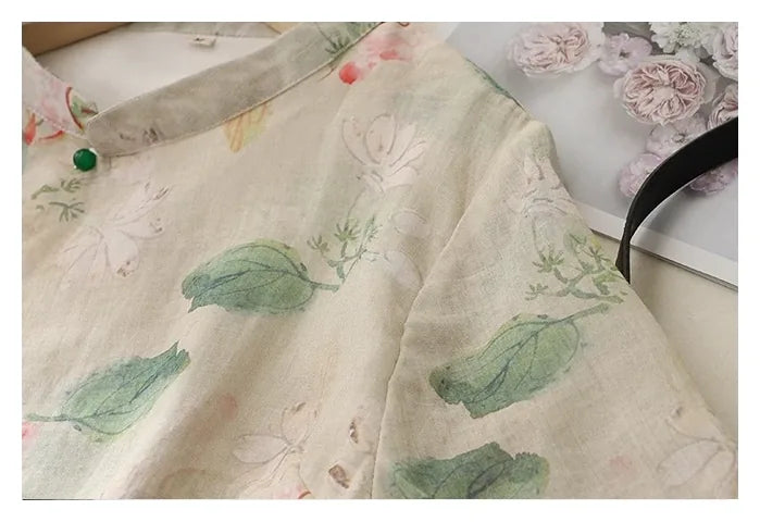 Floral Print Cotton Linen Three Quarter Sleeve Shirt - detail view