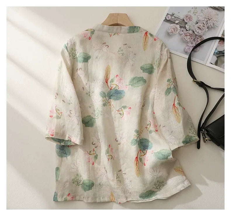 Floral Print Cotton Linen Three Quarter Sleeve Shirt - detail view
