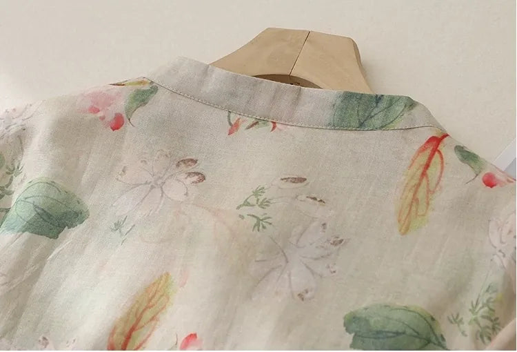 Floral Print Cotton Linen Three Quarter Sleeve Shirt - detail view