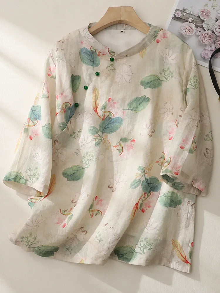 Floral Print Cotton Linen Three Quarter Sleeve Shirt - main product image