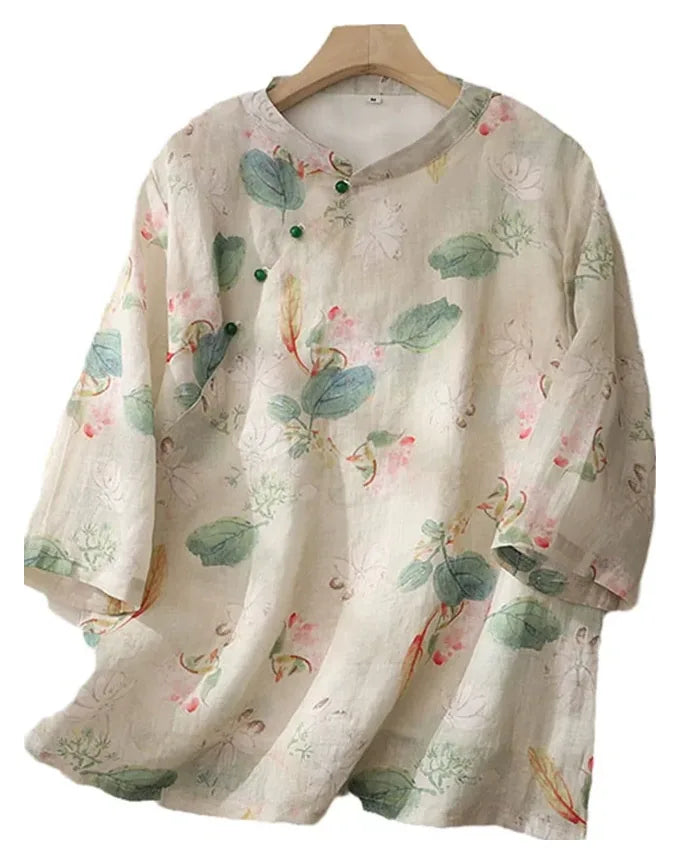 Floral Print Cotton Linen Three Quarter Sleeve Shirt - product view view