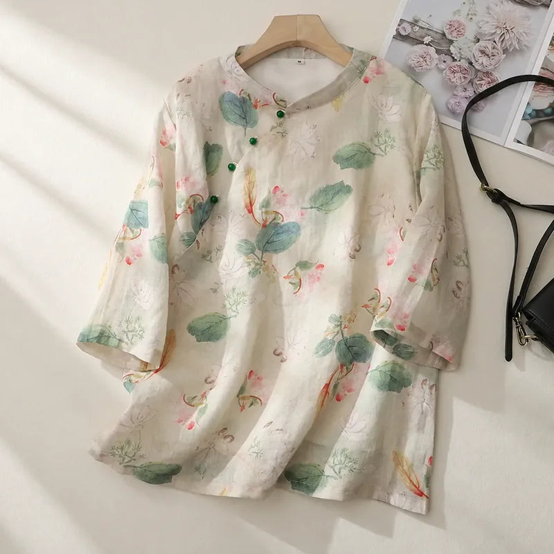 Floral Print Cotton Linen Three Quarter Sleeve Shirt - product view view