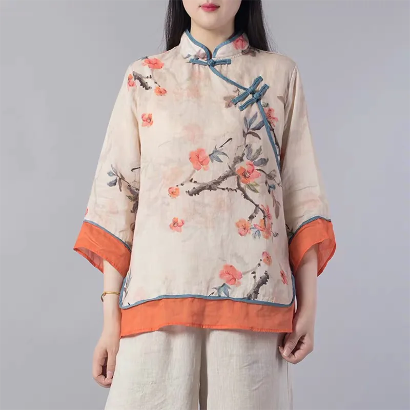 Floral Print Cotton Linen Three Quarter Sleeve Shirt - color option view