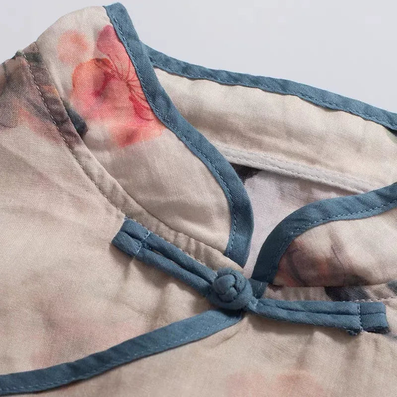 Floral Print Cotton Linen Three Quarter Sleeve Shirt - detail view