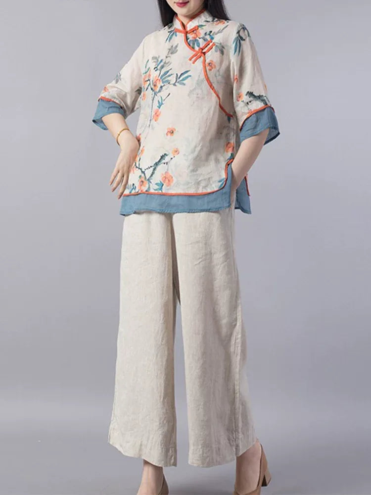 Floral Print Cotton Linen Three Quarter Sleeve Shirt - product view view