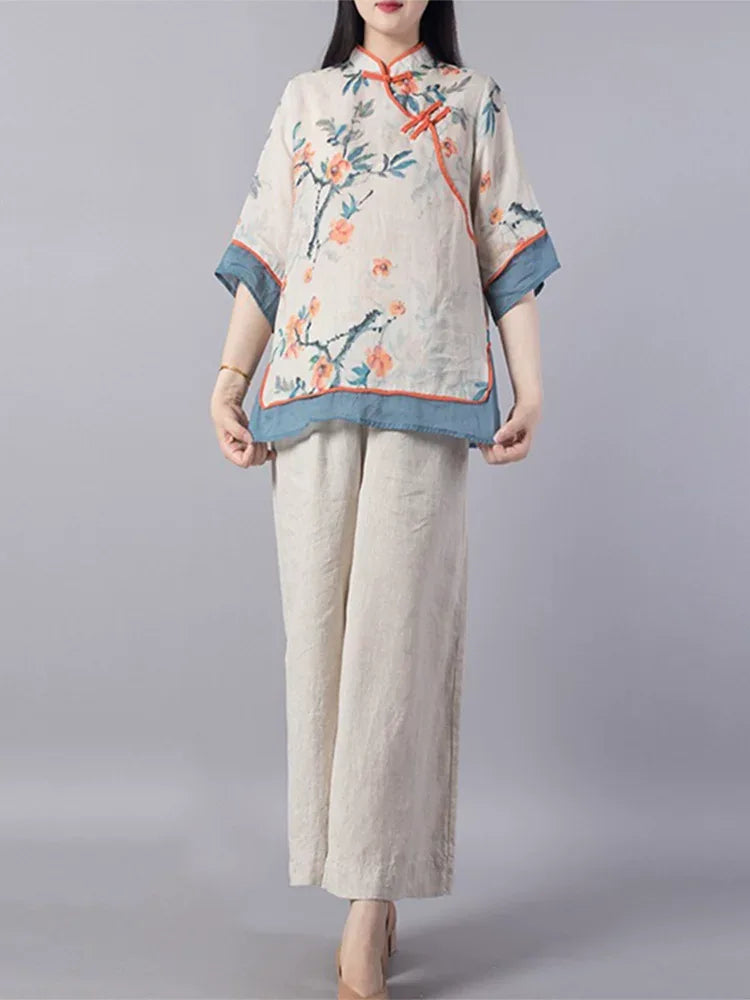 Floral Print Cotton Linen Three Quarter Sleeve Shirt - product view view
