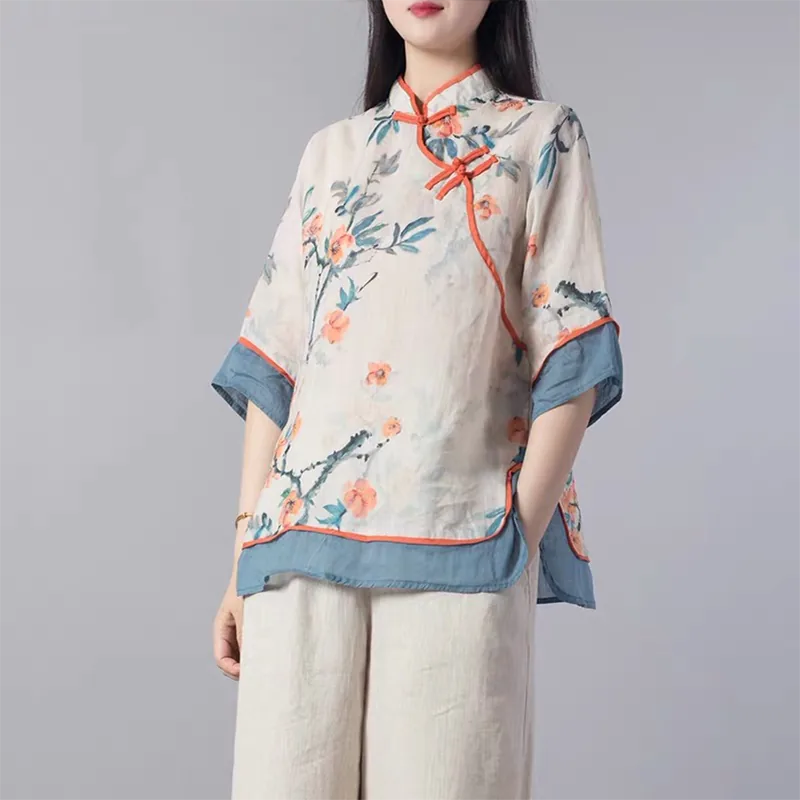 Floral Print Cotton Linen Three Quarter Sleeve Shirt - product view view