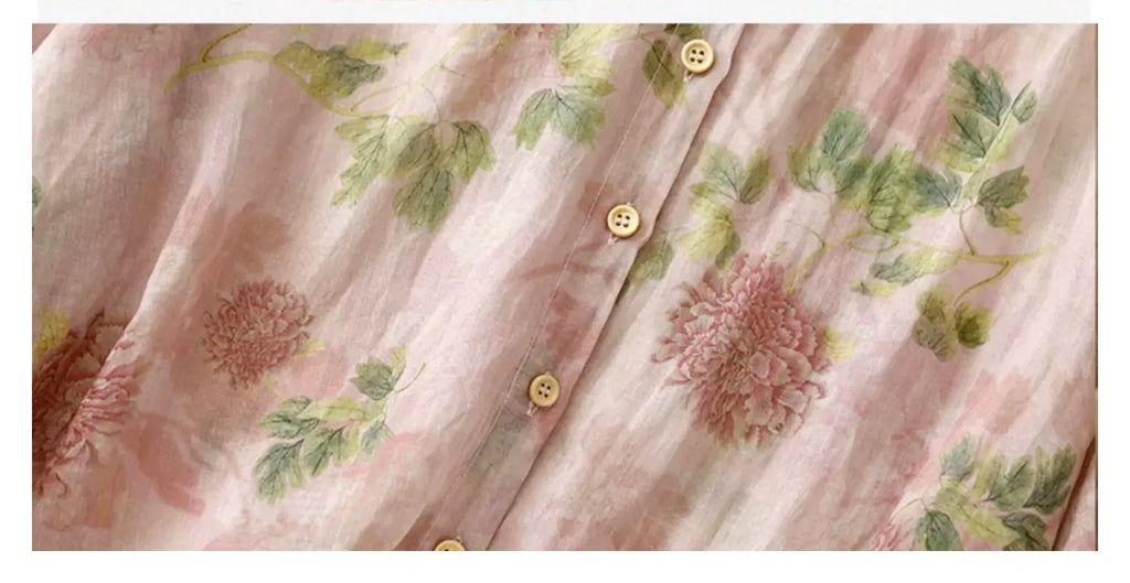 Floral Print Cotton Linen Three Quarter Sleeve Shirt - detail view