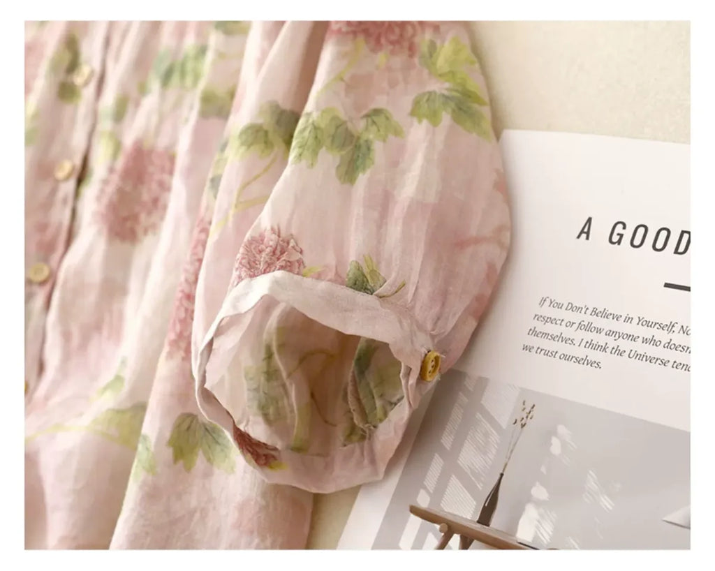 Floral Print Cotton Linen Three Quarter Sleeve Shirt - detail view