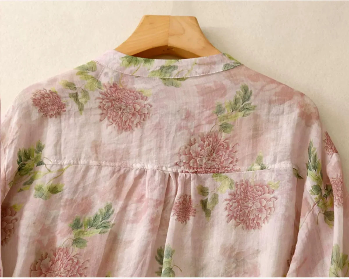 Floral Print Cotton Linen Three Quarter Sleeve Shirt - detail view