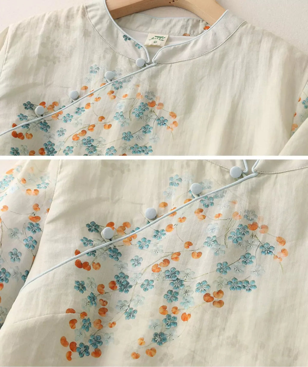 Floral Print Cotton Linen Three Quarter Sleeve Shirt - detail view