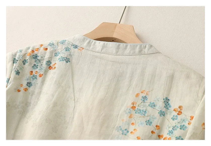 Floral Print Cotton Linen Three Quarter Sleeve Shirt - detail view