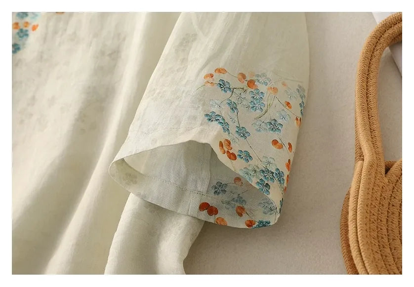 Floral Print Cotton Linen Three Quarter Sleeve Shirt - detail view