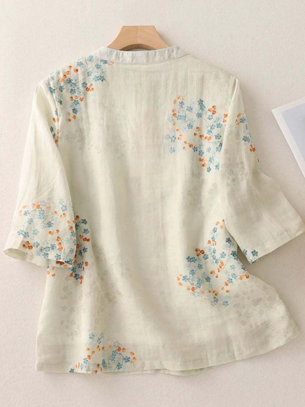 Floral Print Cotton Linen Three Quarter Sleeve Shirt - product view view