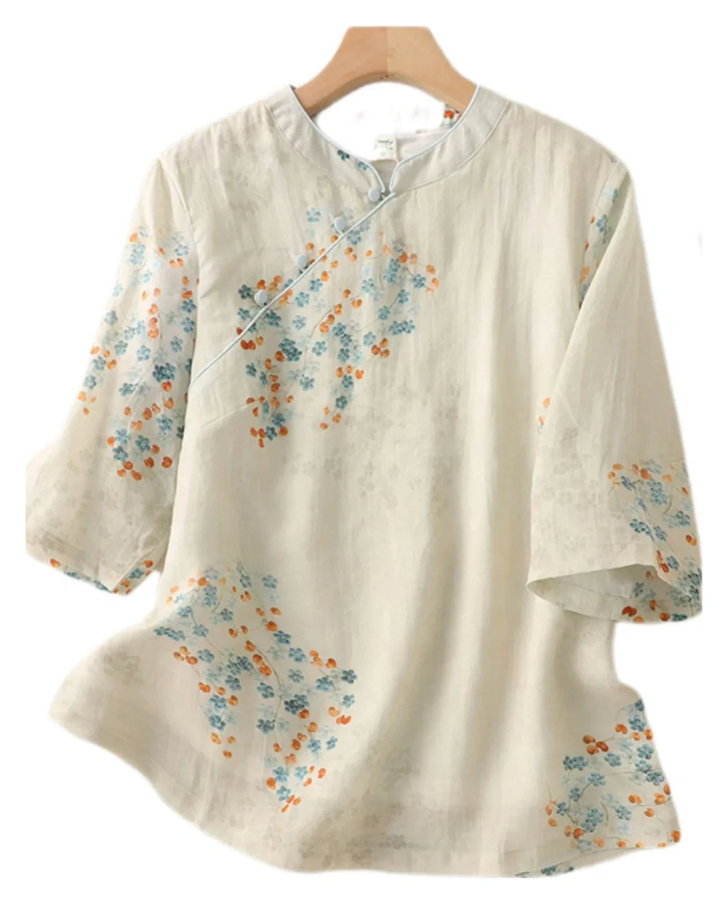 Floral Print Cotton Linen Three Quarter Sleeve Shirt - product view view