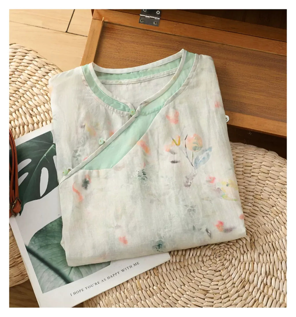 Floral Print Cotton Linen Three Quarter Sleeve Shirt - detail view