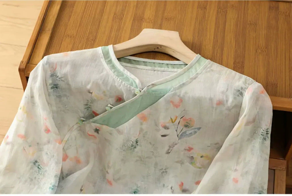 Floral Print Cotton Linen Three Quarter Sleeve Shirt - detail view