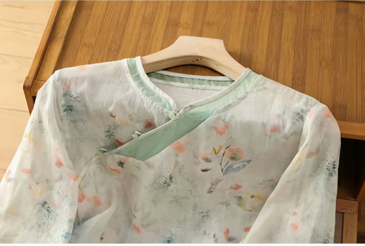 Floral Print Cotton Linen Three Quarter Sleeve Shirt - detail view