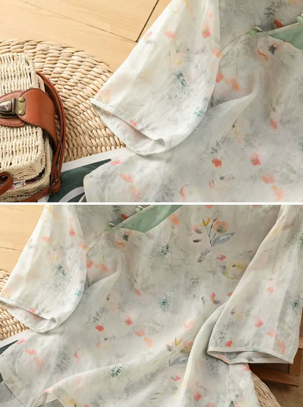 Floral Print Cotton Linen Three Quarter Sleeve Shirt - detail view