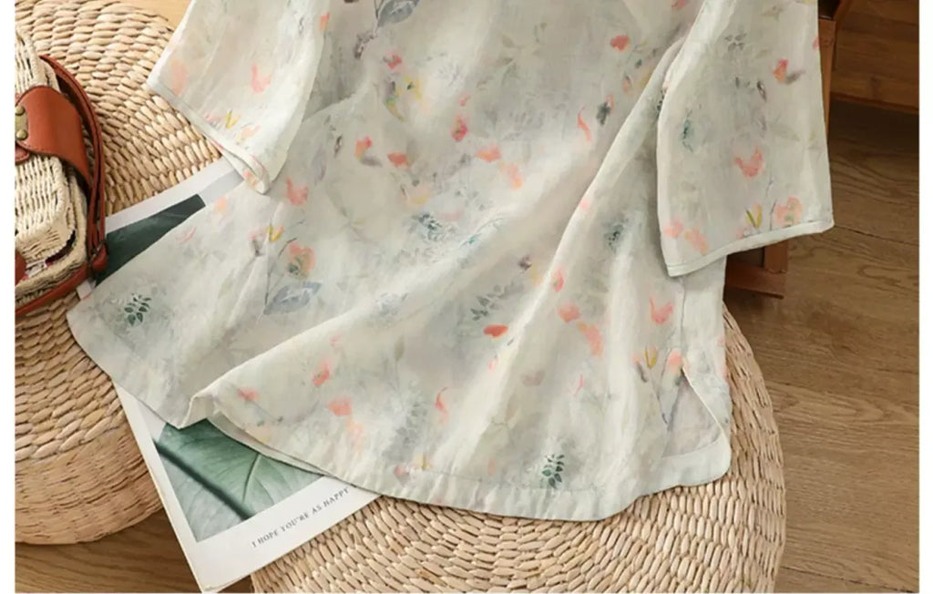 Floral Print Cotton Linen Three Quarter Sleeve Shirt - detail view