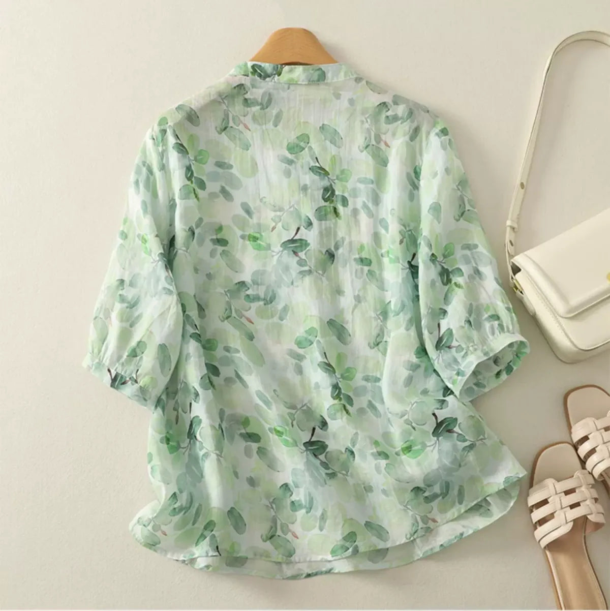 Floral Print Cotton Linen Three Quarter Sleeve Shirt - detail view