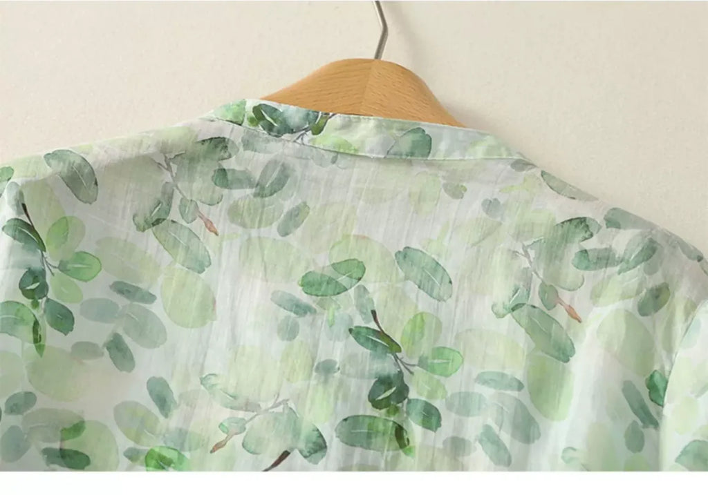 Floral Print Cotton Linen Three Quarter Sleeve Shirt - detail view