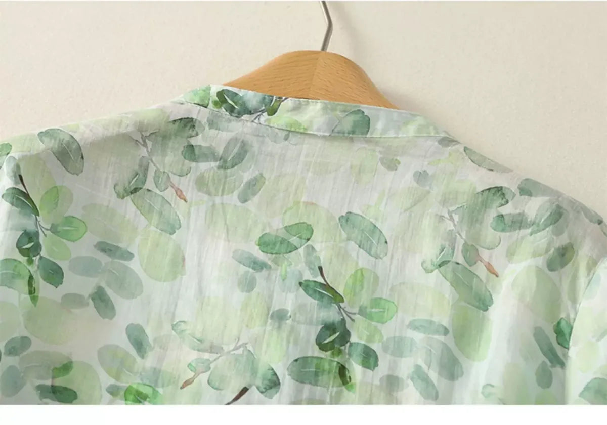 Floral Print Cotton Linen Three Quarter Sleeve Shirt - detail view