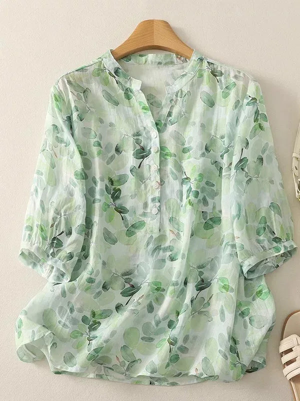 Floral Print Cotton Linen Three Quarter Sleeve Shirt - main product image