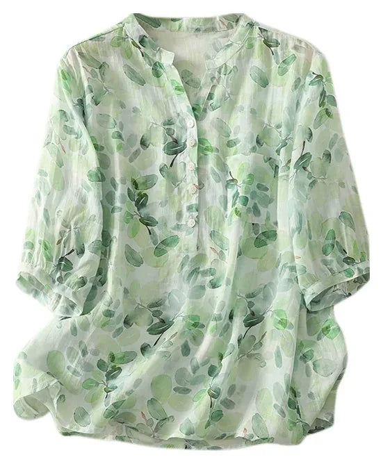 Floral Print Cotton Linen Three Quarter Sleeve Shirt - product view view