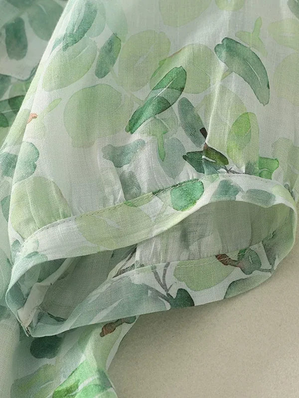 Floral Print Cotton Linen Three Quarter Sleeve Shirt - product view view