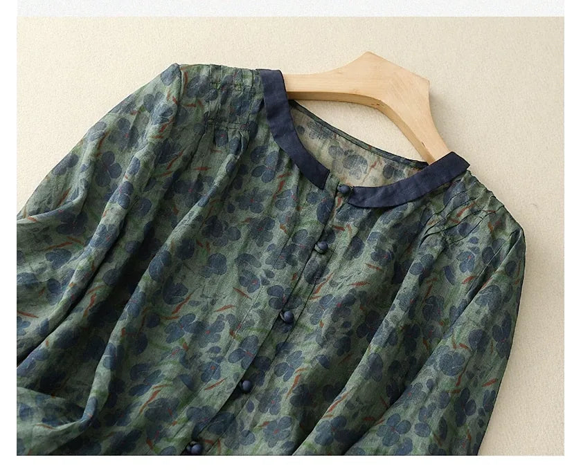 Floral Print Cotton Linen Three Quarter Sleeve Shirt - detail view
