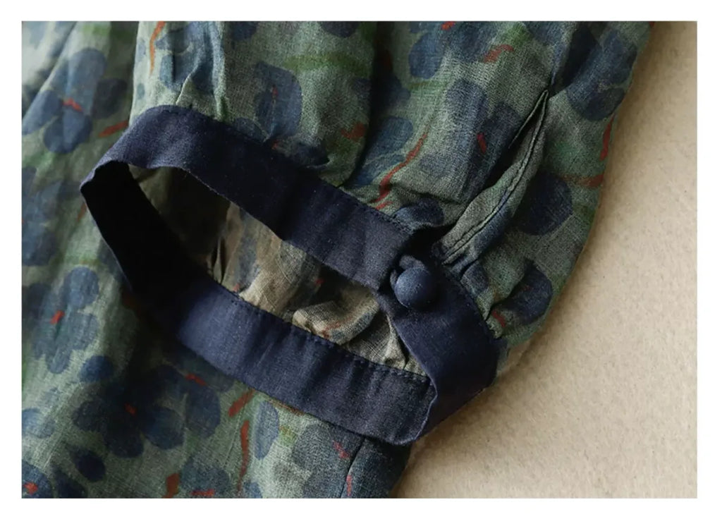 Floral Print Cotton Linen Three Quarter Sleeve Shirt - detail view
