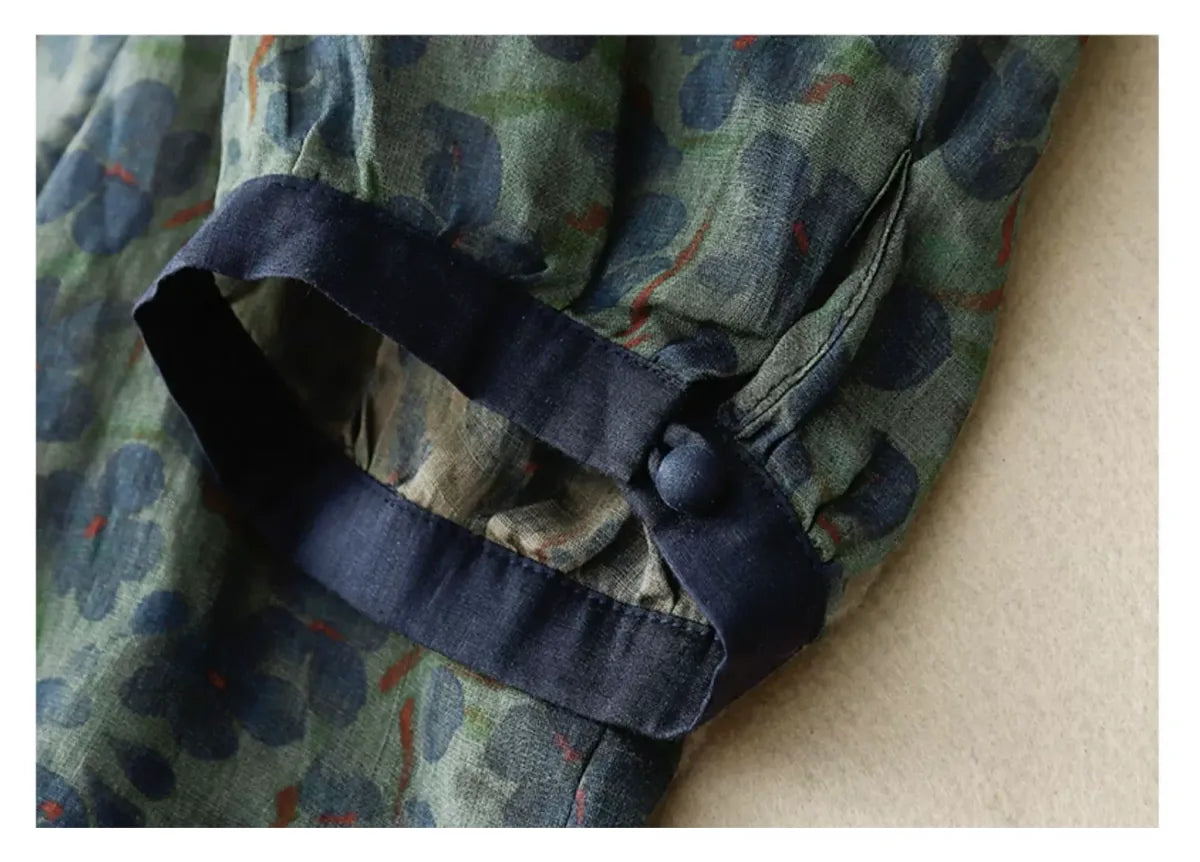 Floral Print Cotton Linen Three Quarter Sleeve Shirt - detail view