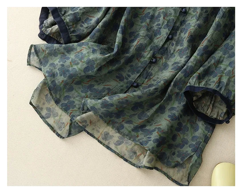 Floral Print Cotton Linen Three Quarter Sleeve Shirt - detail view
