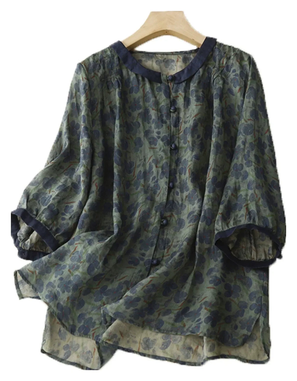 Floral Print Cotton Linen Three Quarter Sleeve Shirt - product view view