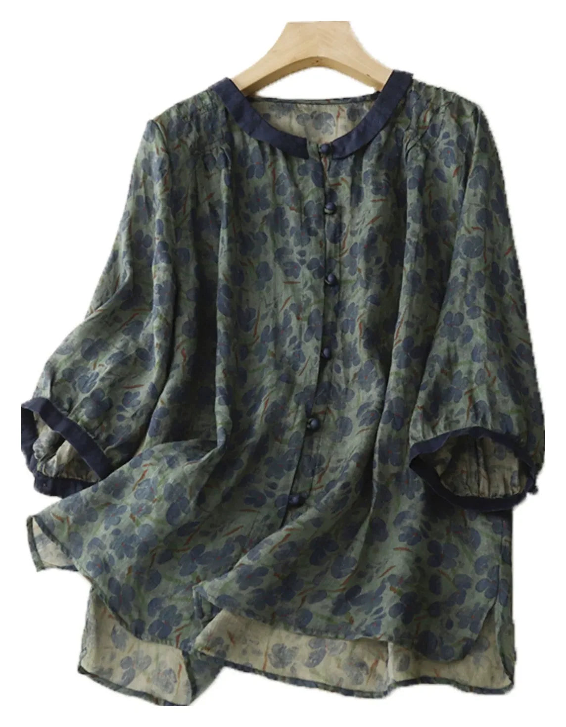 Floral Print Cotton Linen Three Quarter Sleeve Shirt - product view view